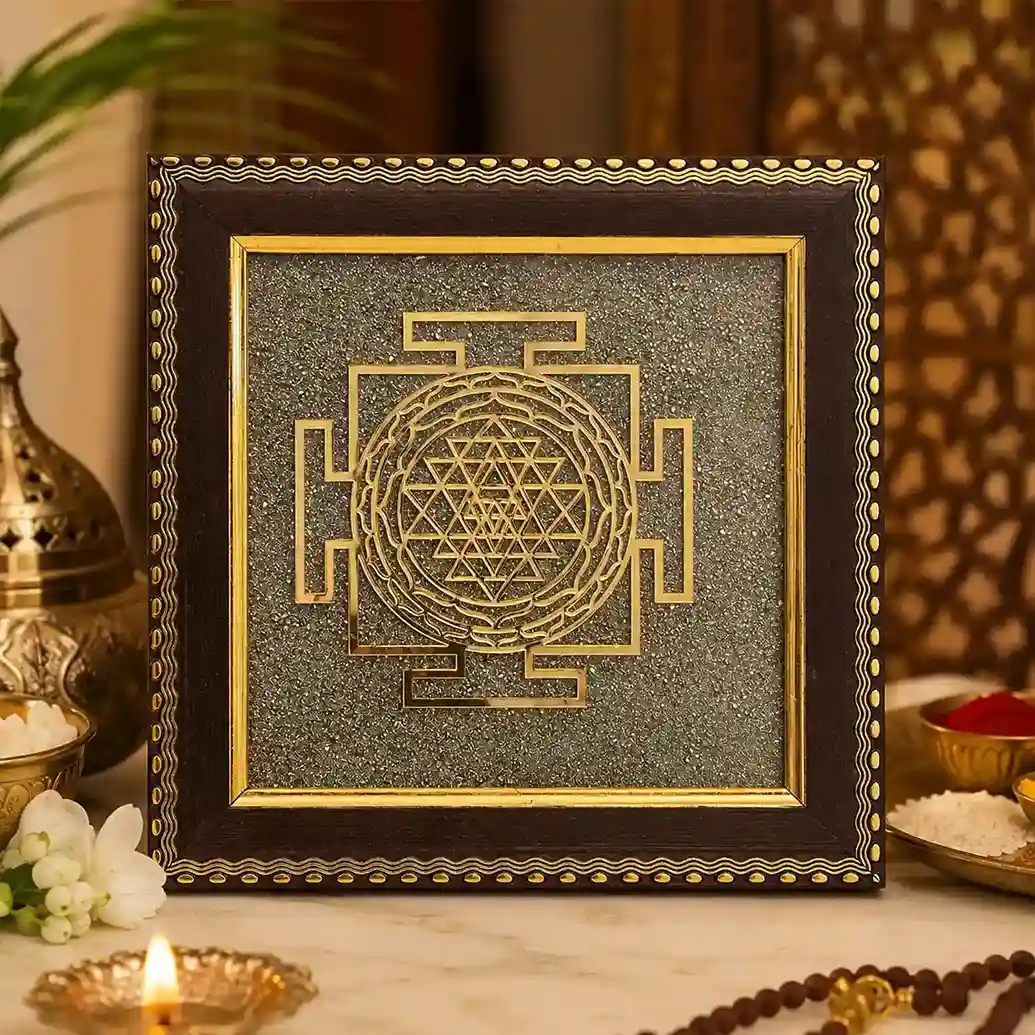 Shree Yantra Pyrite Frame | Sacred Wealth & Prosperity Manifestation Tool